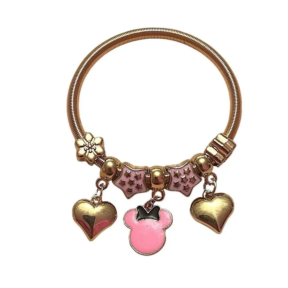 Pink Minnie Mouse Heart Stretchy Gold Tone Charm Bracelet NWT